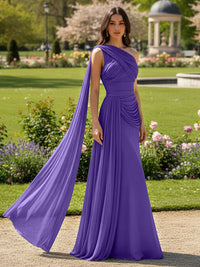 Chiffon A-Line/Princess One Shoulder Floor-Length Formal Dresses with Side Draped Sash