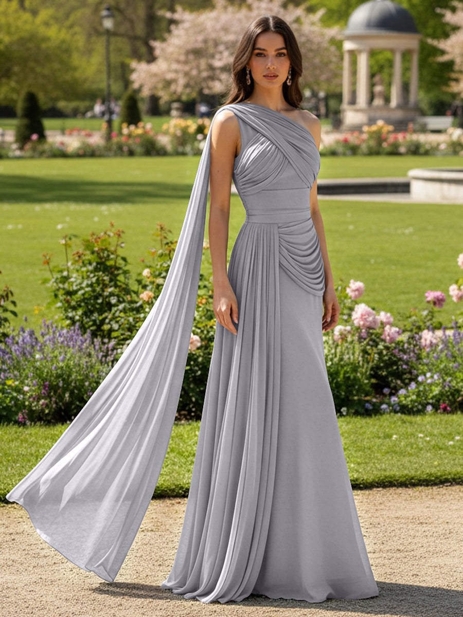 Chiffon A-Line/Princess One Shoulder Floor-Length Formal Dresses with Side Draped Sash
