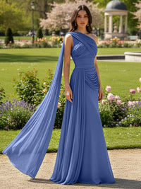 Chiffon A-Line/Princess One Shoulder Floor-Length Formal Dresses with Side Draped Sash