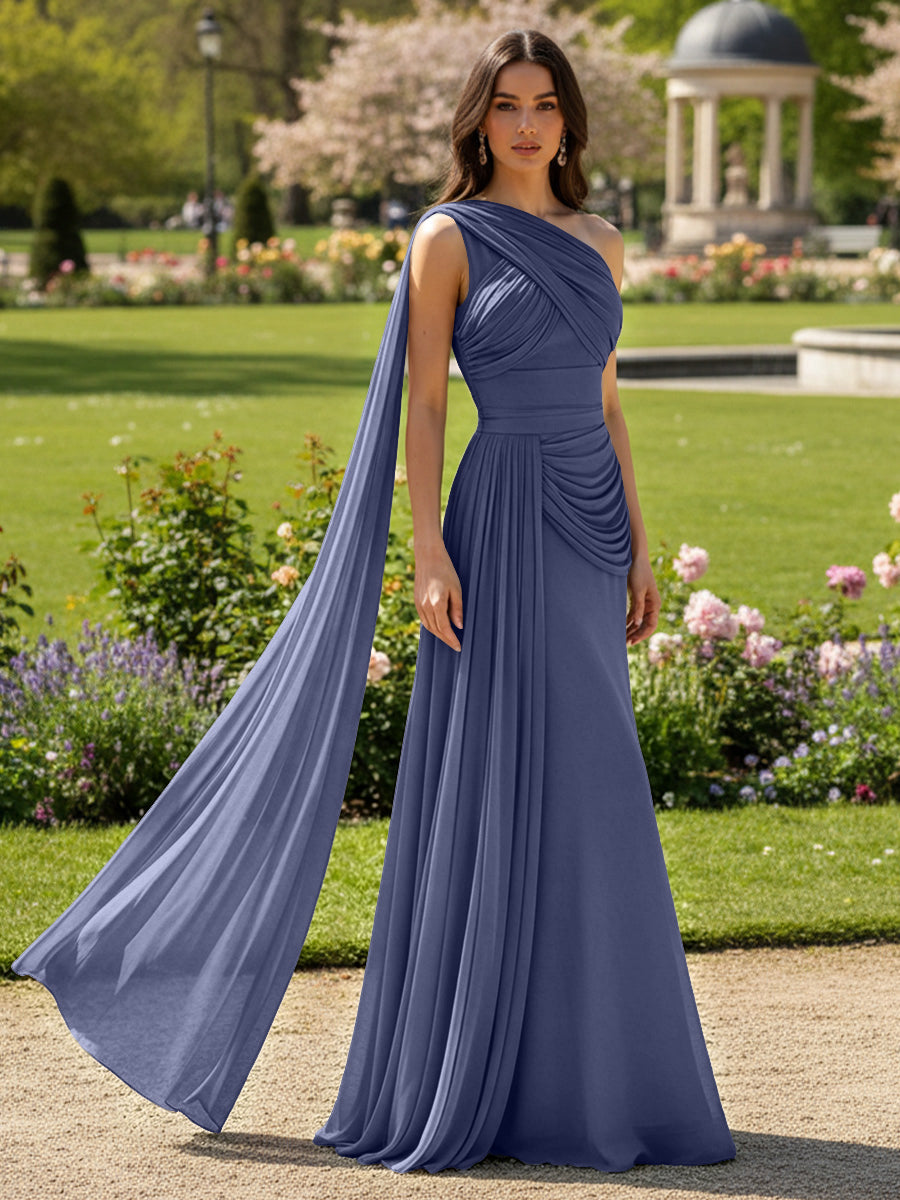 Chiffon A-Line/Princess One Shoulder Floor-Length Formal Dresses with Side Draped Sash