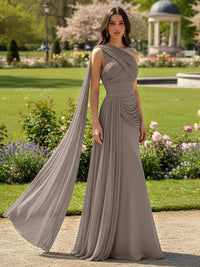 Chiffon A-Line/Princess One Shoulder Floor-Length Formal Dresses with Side Draped Sash