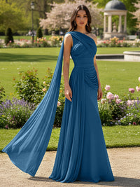 Chiffon A-Line/Princess One Shoulder Floor-Length Formal Dresses with Side Draped Sash