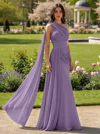 Chiffon A-Line/Princess One Shoulder Floor-Length Formal Dresses with Side Draped Sash