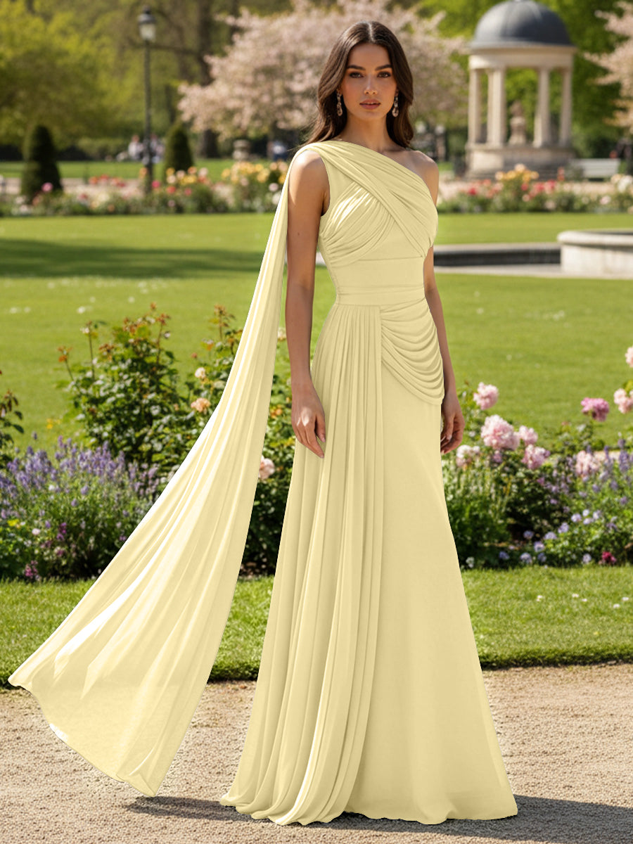 Chiffon A-Line/Princess One Shoulder Floor-Length Formal Dresses with Side Draped Sash