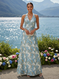 Floral Print A-Line/Princess Halter Floor-Length Formal Dresses for Women