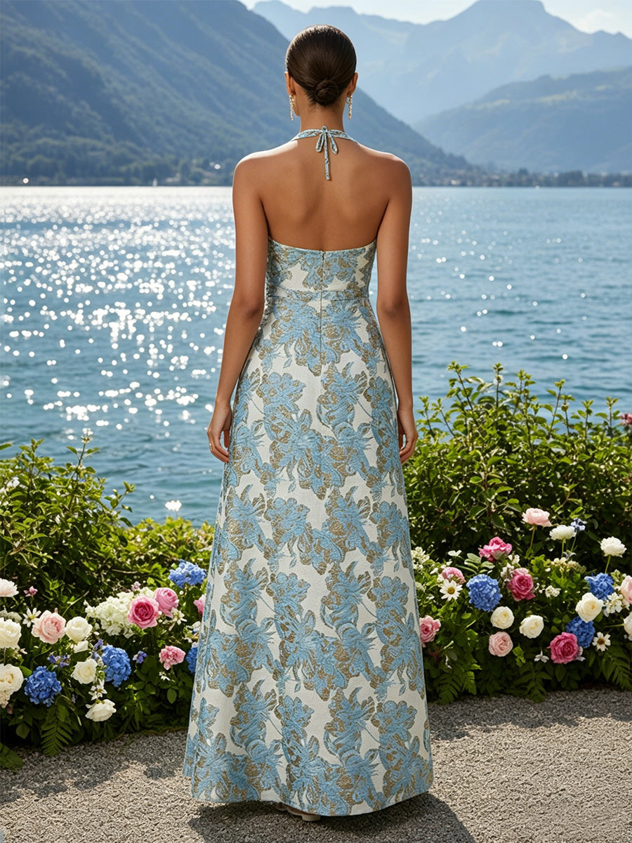 Floral Print A-Line/Princess Halter Floor-Length Formal Dresses for Women