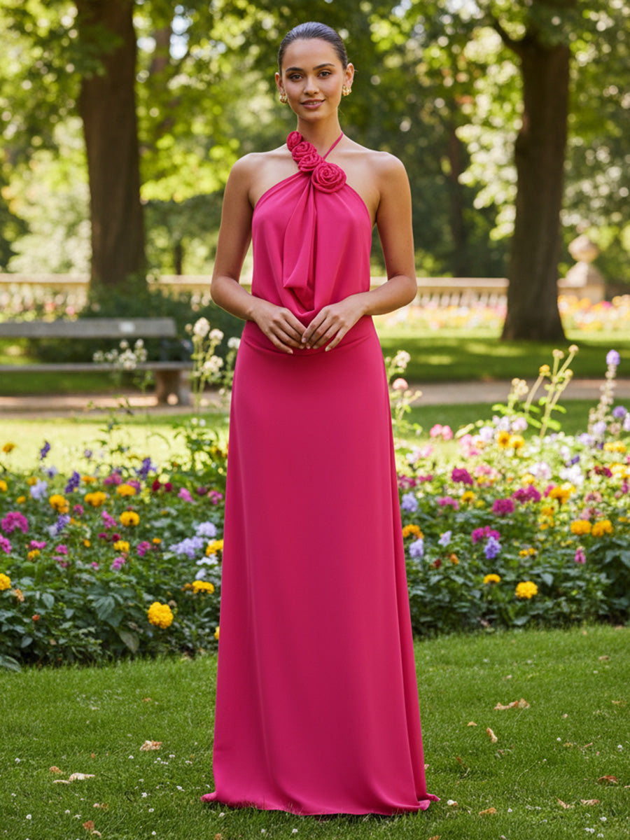 Satin A-Line/Princess Halter Floor-Length Formal Dresses with Ruched Waist