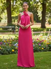 Satin A-Line/Princess Halter Floor-Length Formal Dresses with Ruched Waist