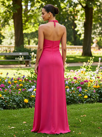 Satin A-Line/Princess Halter Floor-Length Formal Dresses with Ruched Waist