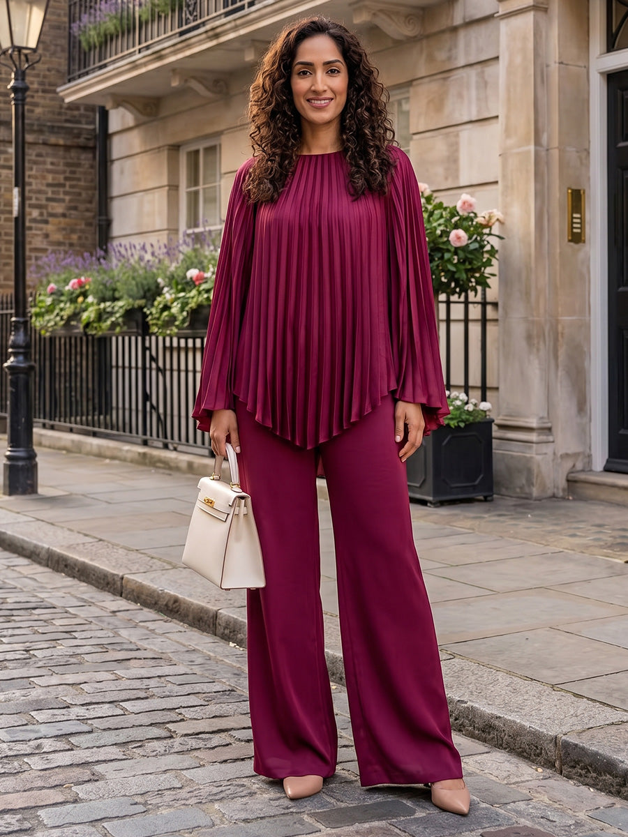 Satin Pantsuit Scoop Neck Floor-Length Formal Dresses with Pleats