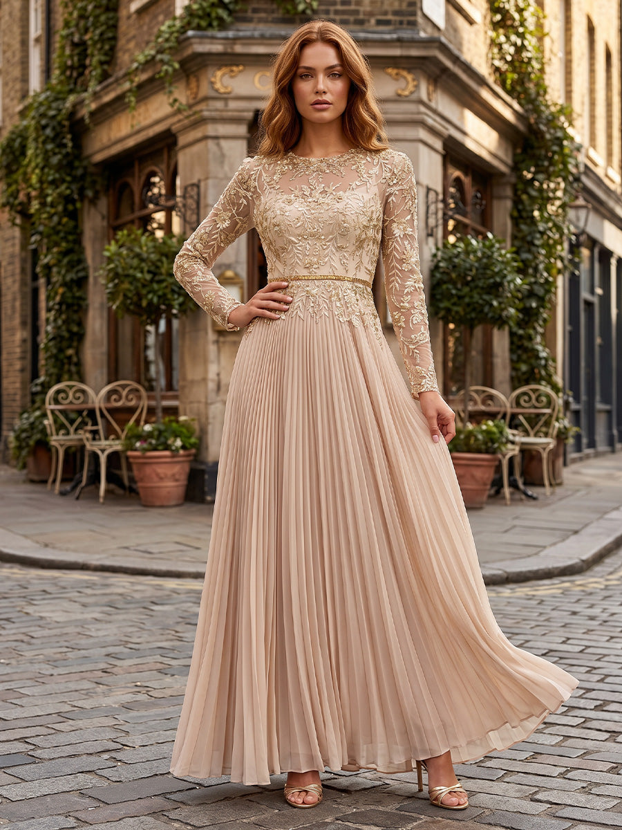 Chiffon A-Line/Princess Scoop Neck Floor-Length Formal Dresses with Pleats