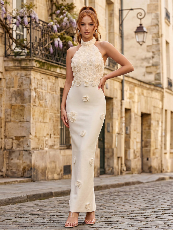 Satin Sheath/Column Halter Floor-Length Formal Dresses with 3D Flowers