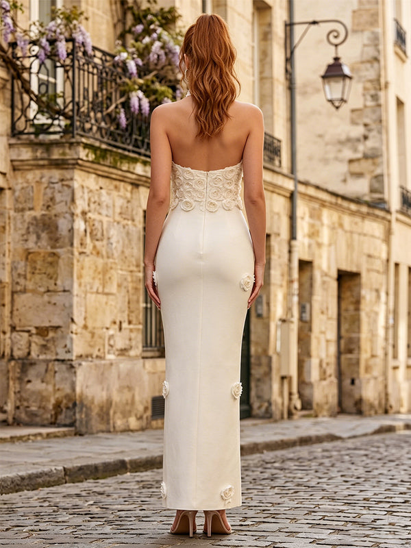 Satin Sheath/Column Halter Floor-Length Formal Dresses with 3D Flowers