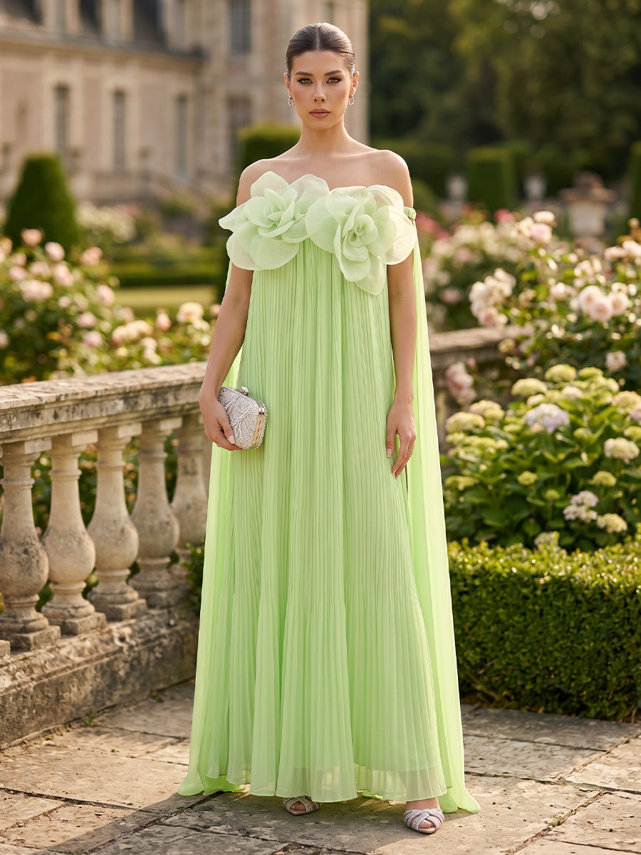 Chiffon A-Line/Princess Off Shoulder Floor-Length Formal Dresses with 3D Flowers & Pleats