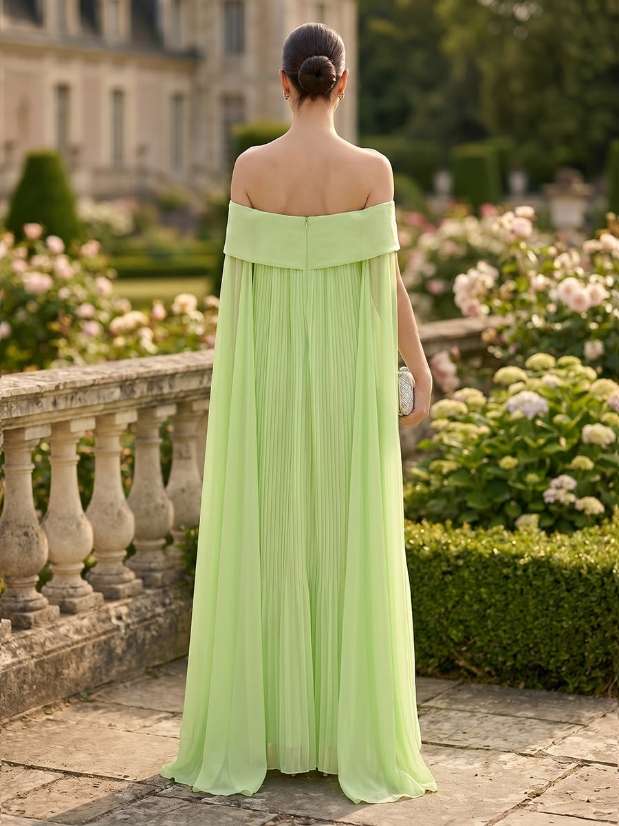 Chiffon A-Line/Princess Off Shoulder Floor-Length Formal Dresses with 3D Flowers & Pleats