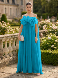 Chiffon A-Line/Princess Off Shoulder Floor-Length Formal Dresses with 3D Flowers & Pleats