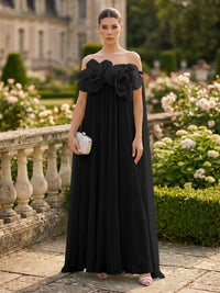 Chiffon A-Line/Princess Off Shoulder Floor-Length Formal Dresses with 3D Flowers & Pleats