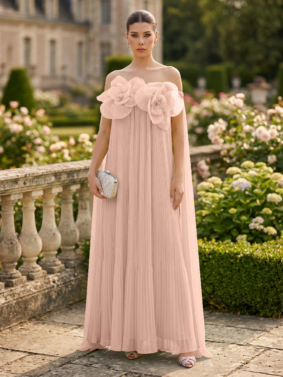 Chiffon A-Line/Princess Off Shoulder Floor-Length Formal Dresses with 3D Flowers & Pleats