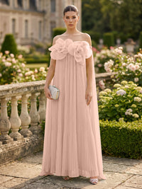 Chiffon A-Line/Princess Off Shoulder Floor-Length Formal Dresses with 3D Flowers & Pleats