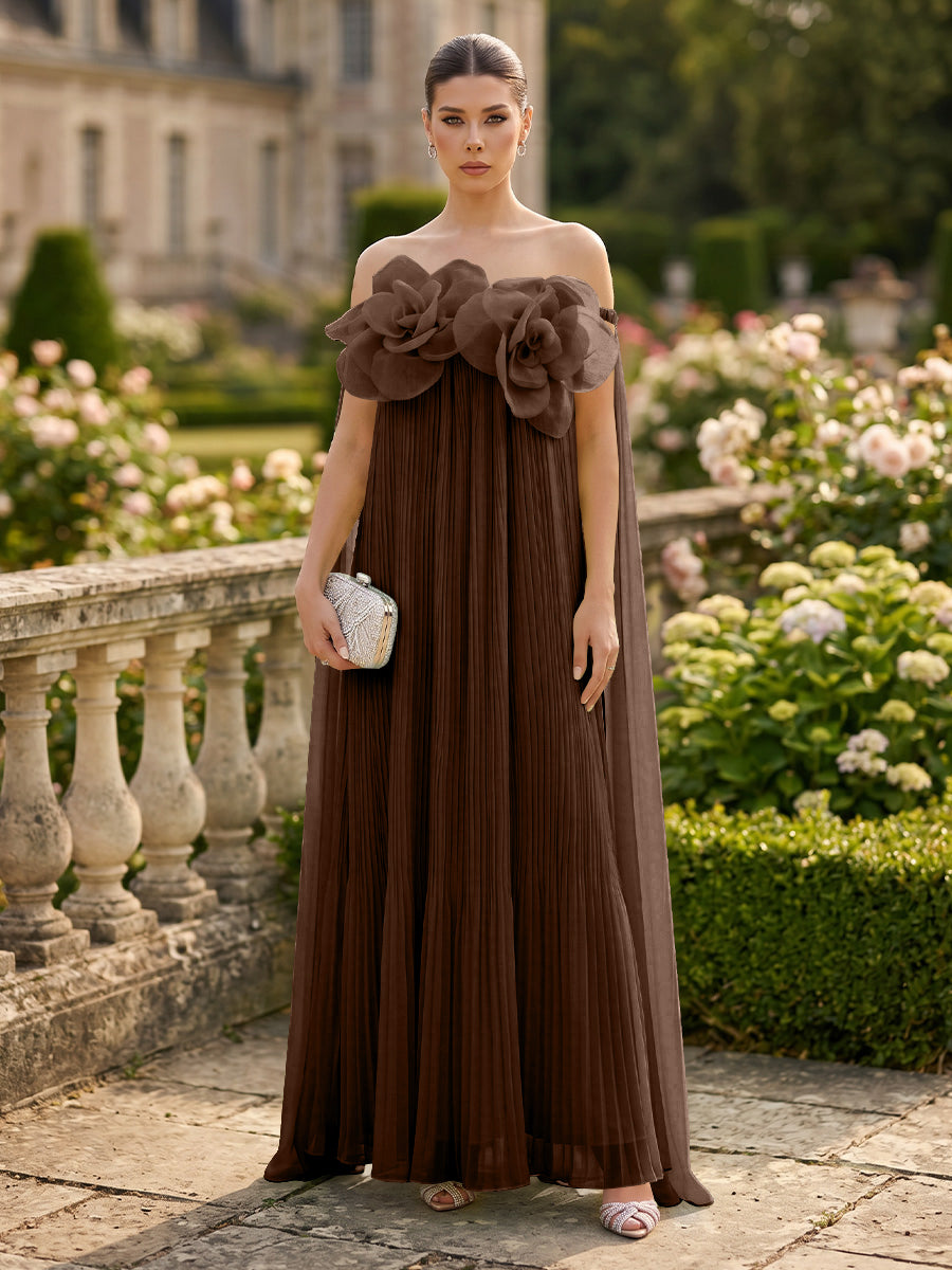 Chiffon A-Line/Princess Off Shoulder Floor-Length Formal Dresses with 3D Flowers & Pleats