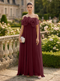 Chiffon A-Line/Princess Off Shoulder Floor-Length Formal Dresses with 3D Flowers & Pleats