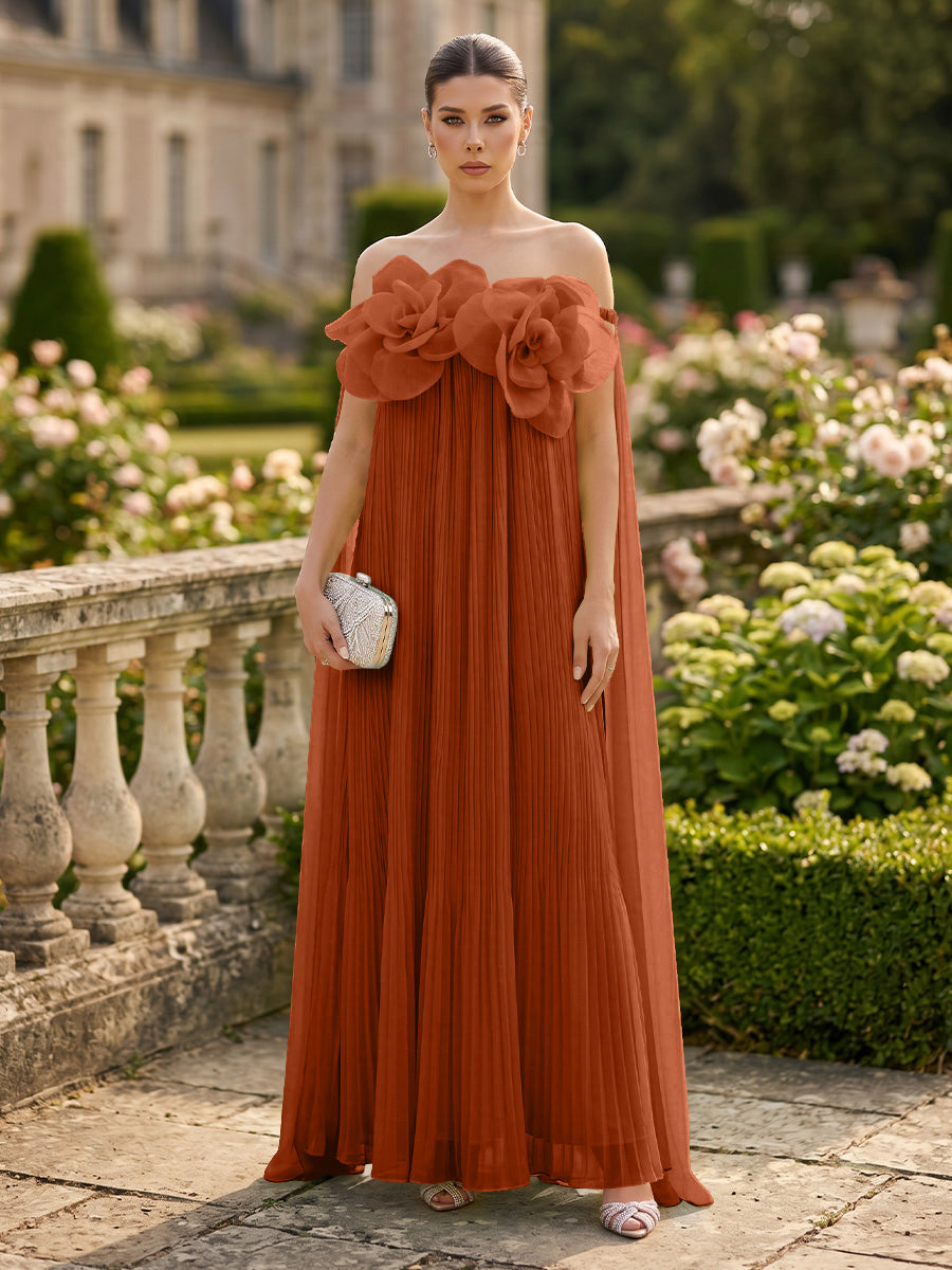 Chiffon A-Line/Princess Off Shoulder Floor-Length Formal Dresses with 3D Flowers & Pleats