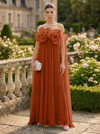 Chiffon A-Line/Princess Off Shoulder Floor-Length Formal Dresses with 3D Flowers & Pleats