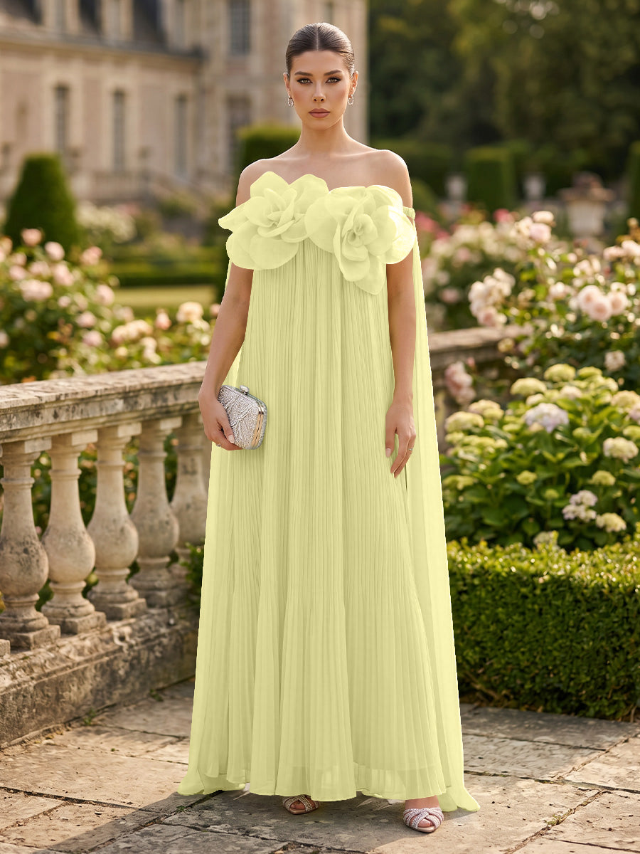Chiffon A-Line/Princess Off Shoulder Floor-Length Formal Dresses with 3D Flowers & Pleats