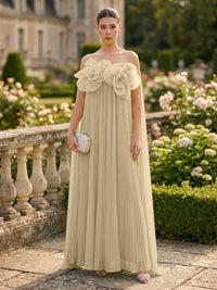 Chiffon A-Line/Princess Off Shoulder Floor-Length Formal Dresses with 3D Flowers & Pleats