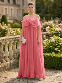 Chiffon A-Line/Princess Off Shoulder Floor-Length Formal Dresses with 3D Flowers & Pleats