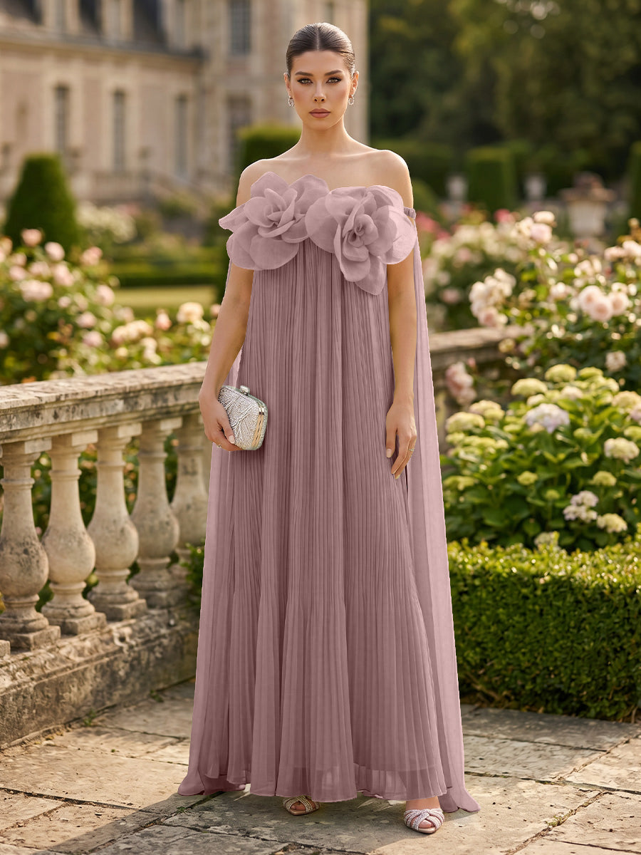 Chiffon A-Line/Princess Off Shoulder Floor-Length Formal Dresses with 3D Flowers & Pleats