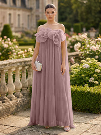 Chiffon A-Line/Princess Off Shoulder Floor-Length Formal Dresses with 3D Flowers & Pleats