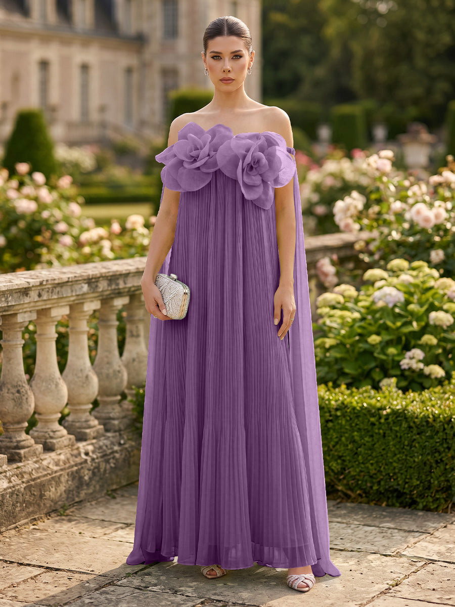Chiffon A-Line/Princess Off Shoulder Floor-Length Formal Dresses with 3D Flowers & Pleats
