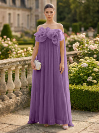 Chiffon A-Line/Princess Off Shoulder Floor-Length Formal Dresses with 3D Flowers & Pleats