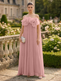 Chiffon A-Line/Princess Off Shoulder Floor-Length Formal Dresses with 3D Flowers & Pleats