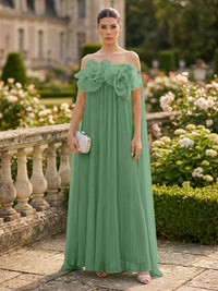 Chiffon A-Line/Princess Off Shoulder Floor-Length Formal Dresses with 3D Flowers & Pleats