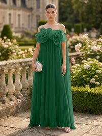 Chiffon A-Line/Princess Off Shoulder Floor-Length Formal Dresses with 3D Flowers & Pleats