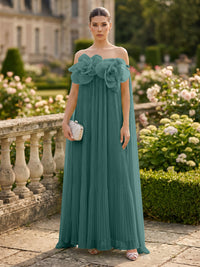 Chiffon A-Line/Princess Off Shoulder Floor-Length Formal Dresses with 3D Flowers & Pleats