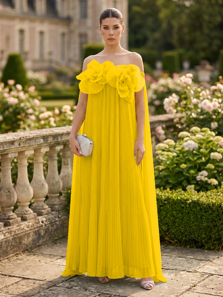 Chiffon A-Line/Princess Off Shoulder Floor-Length Formal Dresses with 3D Flowers & Pleats