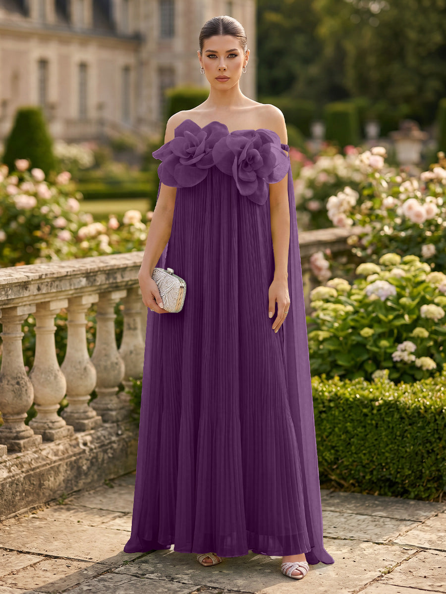 Chiffon A-Line/Princess Off Shoulder Floor-Length Formal Dresses with 3D Flowers & Pleats