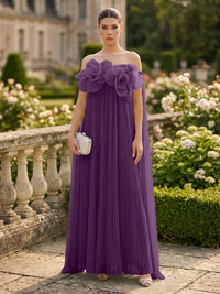 Chiffon A-Line/Princess Off Shoulder Floor-Length Formal Dresses with 3D Flowers & Pleats