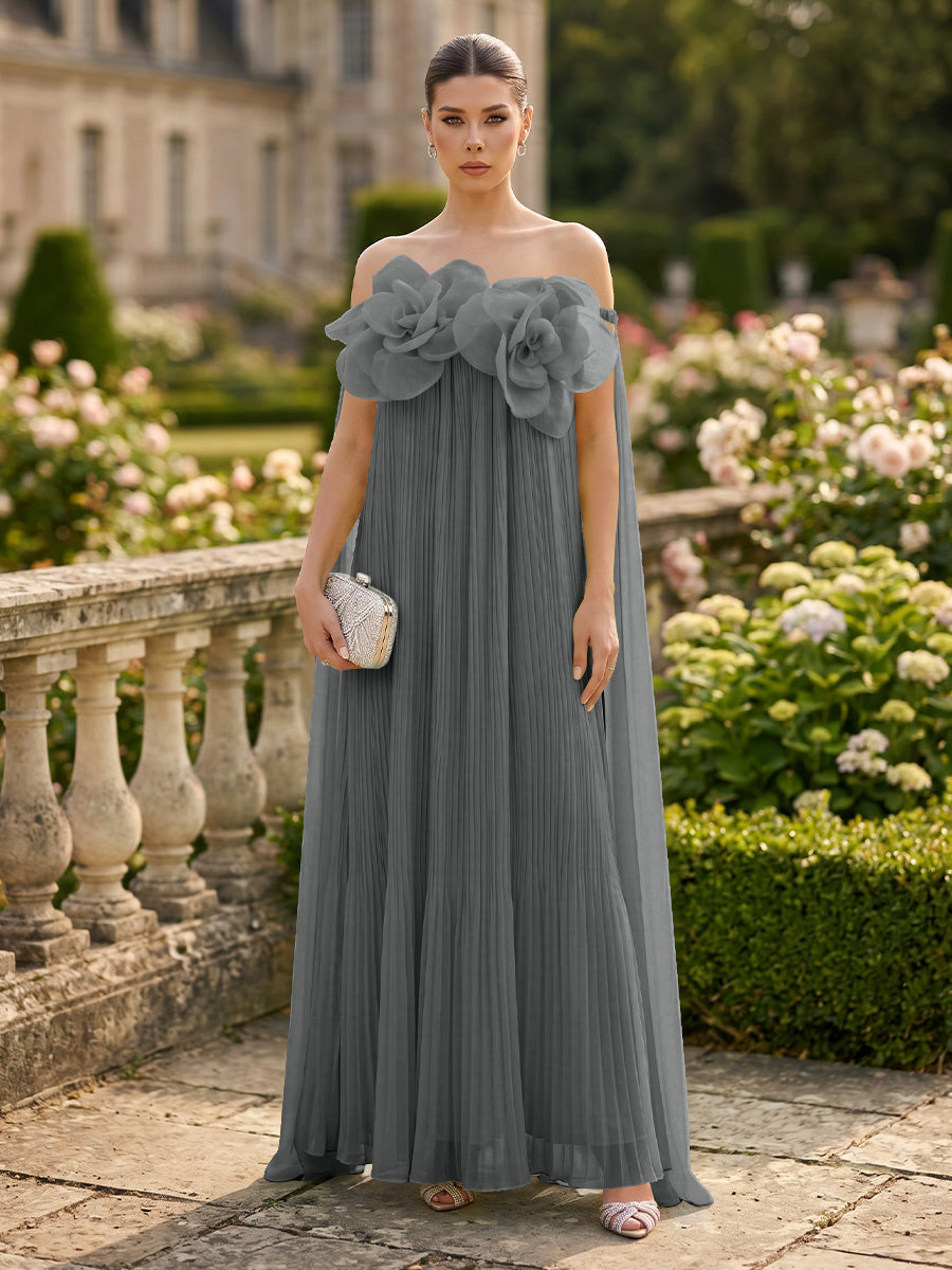Chiffon A-Line/Princess Off Shoulder Floor-Length Formal Dresses with 3D Flowers & Pleats
