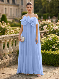 Chiffon A-Line/Princess Off Shoulder Floor-Length Formal Dresses with 3D Flowers & Pleats