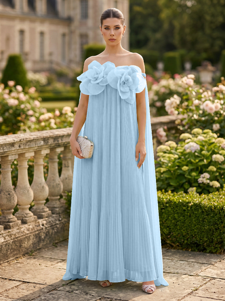 Chiffon A-Line/Princess Off Shoulder Floor-Length Formal Dresses with 3D Flowers & Pleats