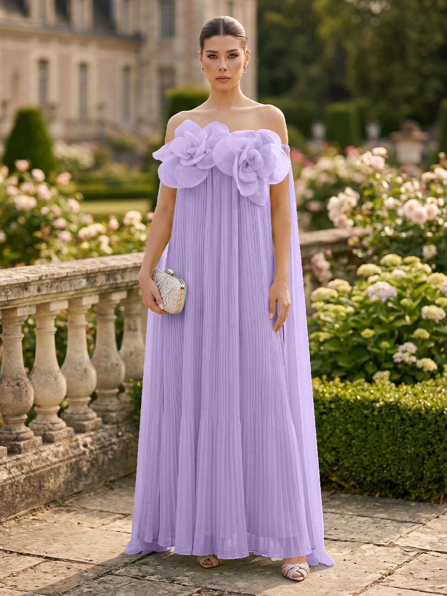 Chiffon A-Line/Princess Off Shoulder Floor-Length Formal Dresses with 3D Flowers & Pleats