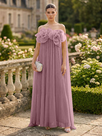 Chiffon A-Line/Princess Off Shoulder Floor-Length Formal Dresses with 3D Flowers & Pleats