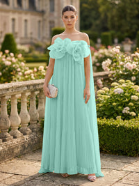 Chiffon A-Line/Princess Off Shoulder Floor-Length Formal Dresses with 3D Flowers & Pleats