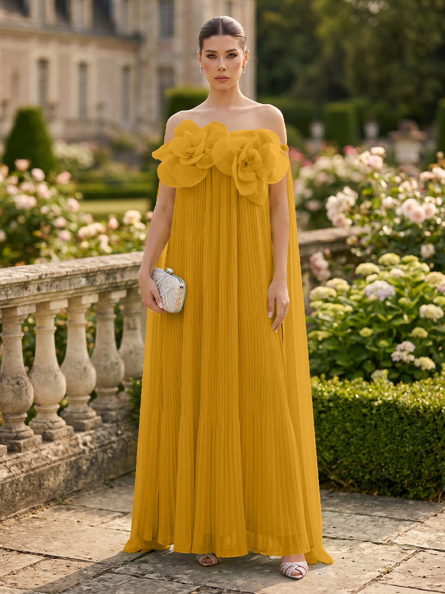 Chiffon A-Line/Princess Off Shoulder Floor-Length Formal Dresses with 3D Flowers & Pleats