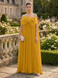 Chiffon A-Line/Princess Off Shoulder Floor-Length Formal Dresses with 3D Flowers & Pleats