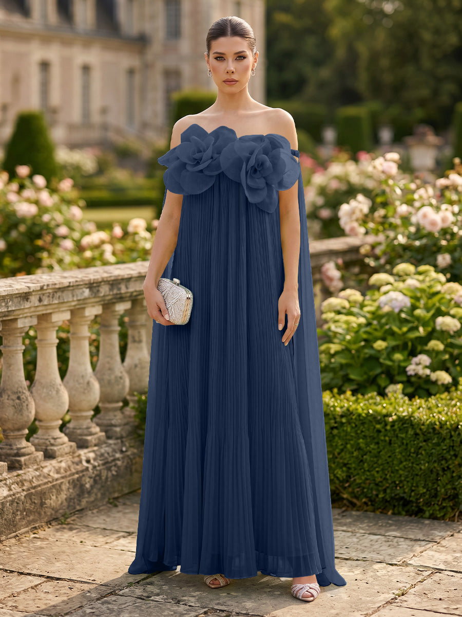 Chiffon A-Line/Princess Off Shoulder Floor-Length Formal Dresses with 3D Flowers & Pleats